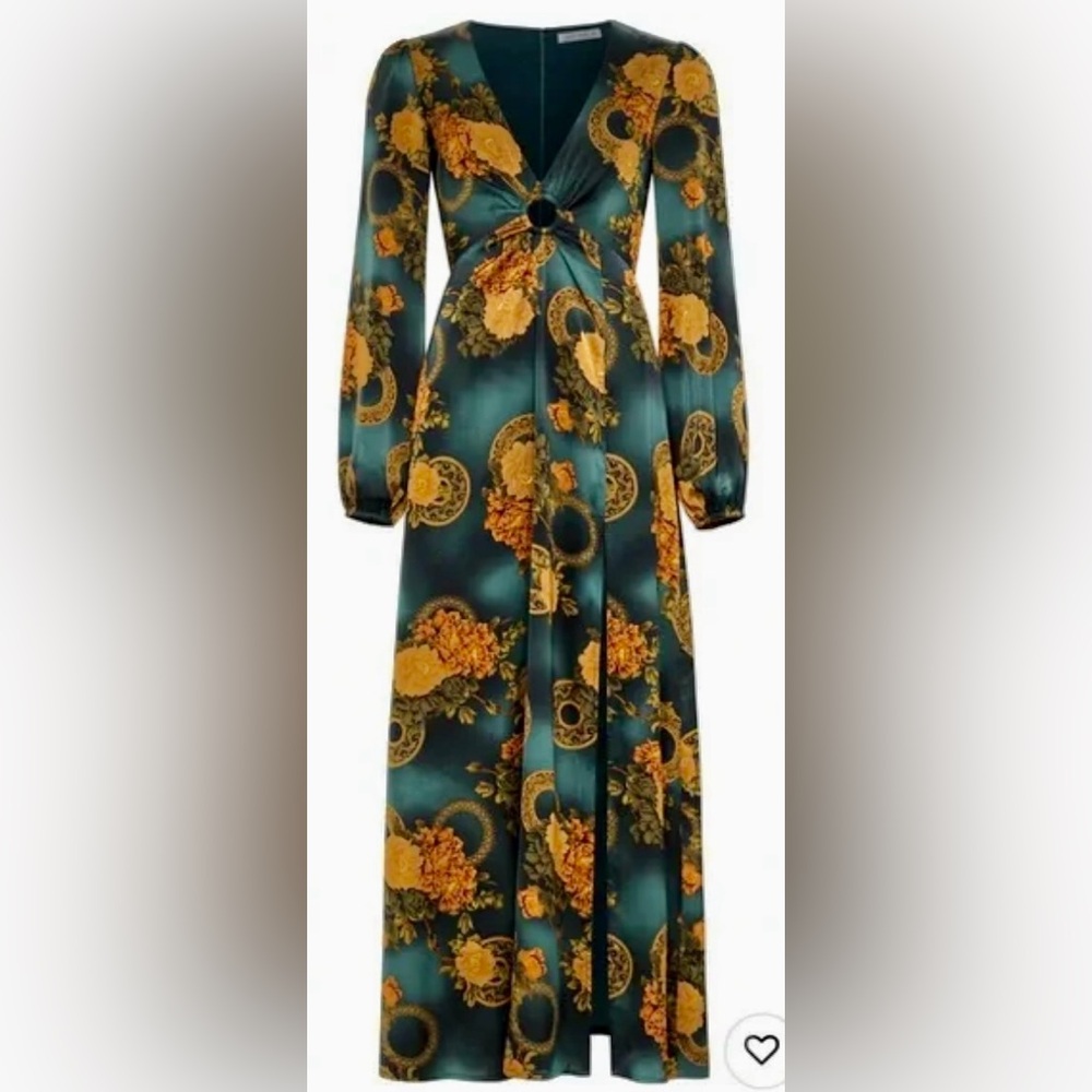 12th Tribe Gizelle Long Sleeve Plunging V-Neck Maxi Dress in Satiny Teal & Gold - Picture 11 of 11